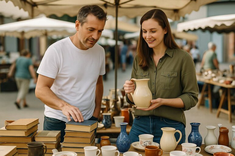Ein Mann und eine Frau stehen am Flohmarkt und betrachten die Gegenstände, die bei einem Stand zum Verkauf angeboten werden